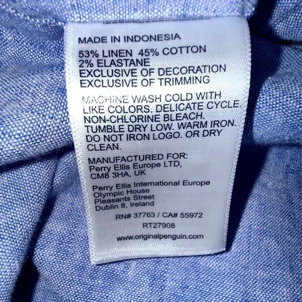 Original Penguin Linen Blend Button-Down Shirt Blue Chambray L Casual ResortWear - Picture 8 of 10